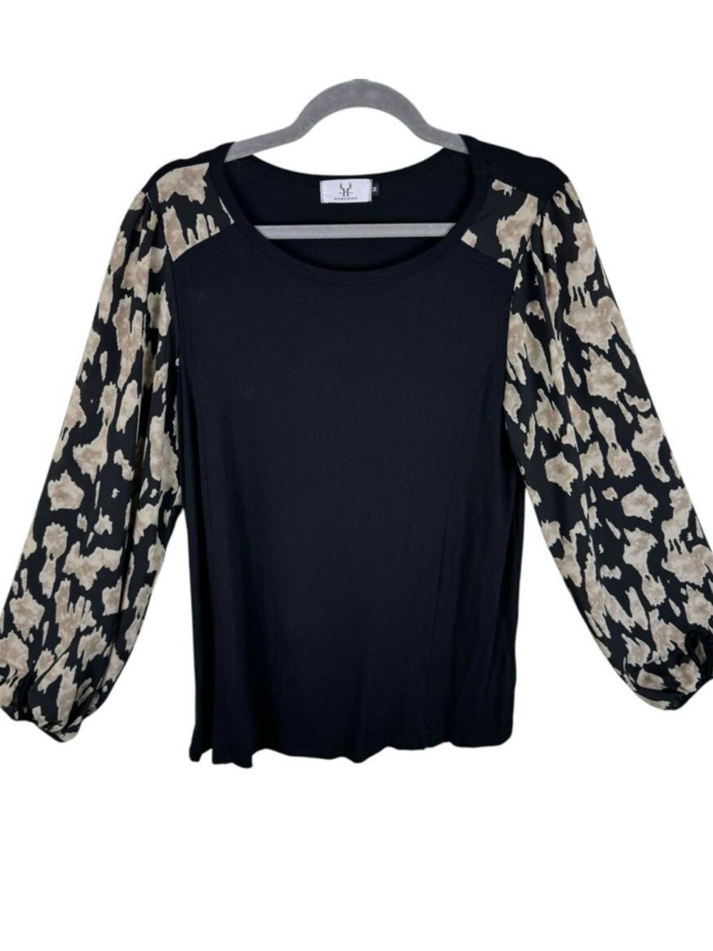 Homebody Black Leopard Print Long Balloon Sleeve Stretchy Pullover Blouse Size M